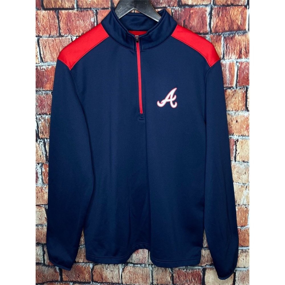 Atlanta Braves MLB Men’s Large Red Blue 1/4 Zip Pullover Jacket Fleece Lined